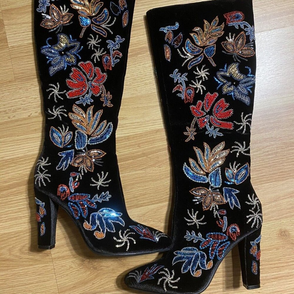 Jeffery Campbell Black Velvet Beaded Embellished Zip Boots 5.5